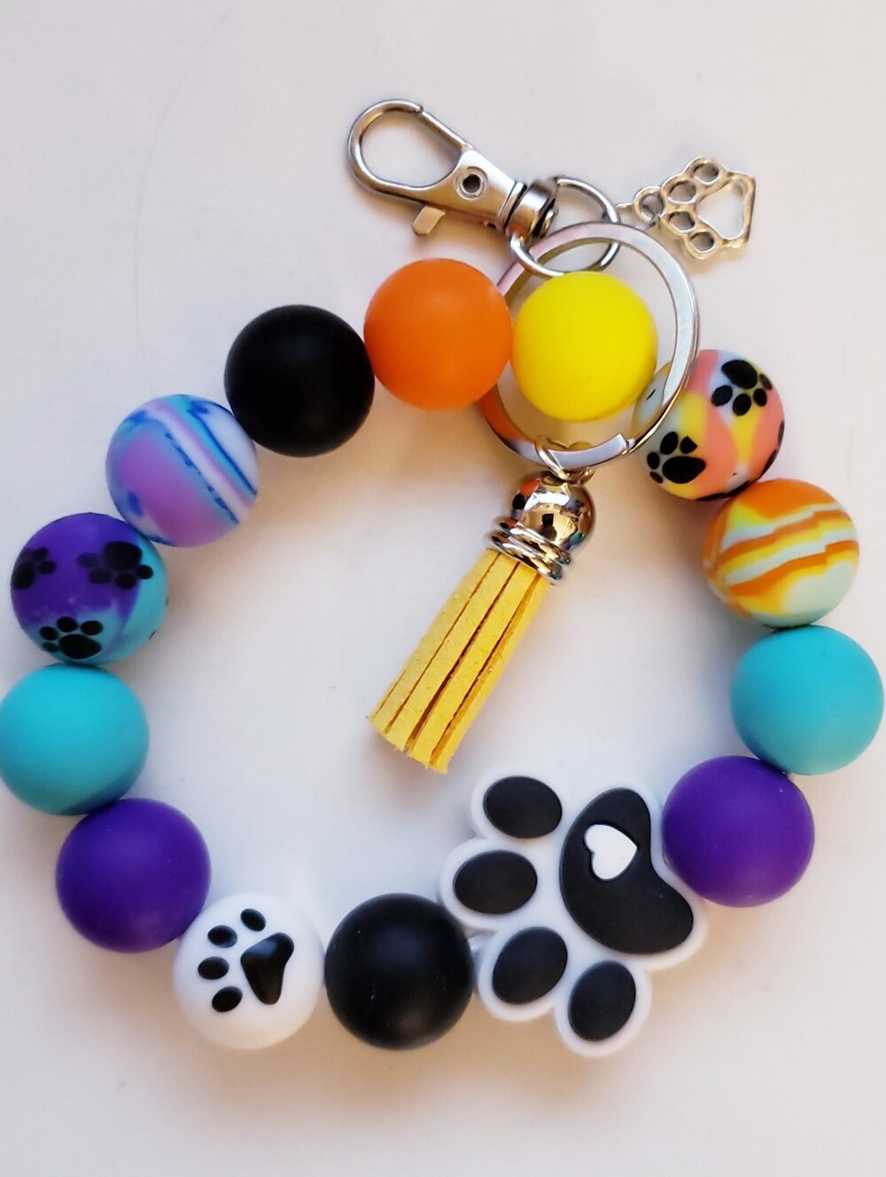 Handmade Cat Dog Paw Silicone Focal Beaded Keychain Wristlet